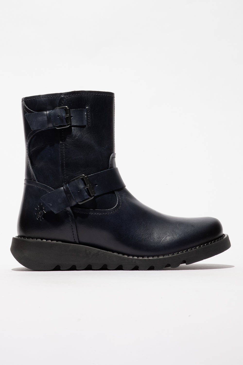 navy leather boot with buckles on a white background