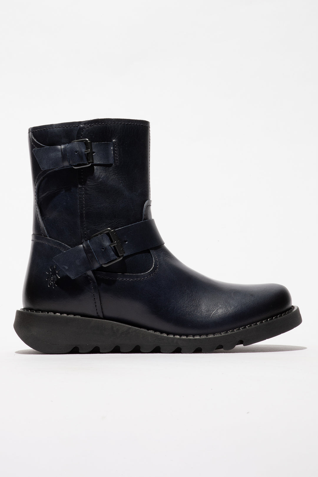 navy leather boot with buckles on a white background