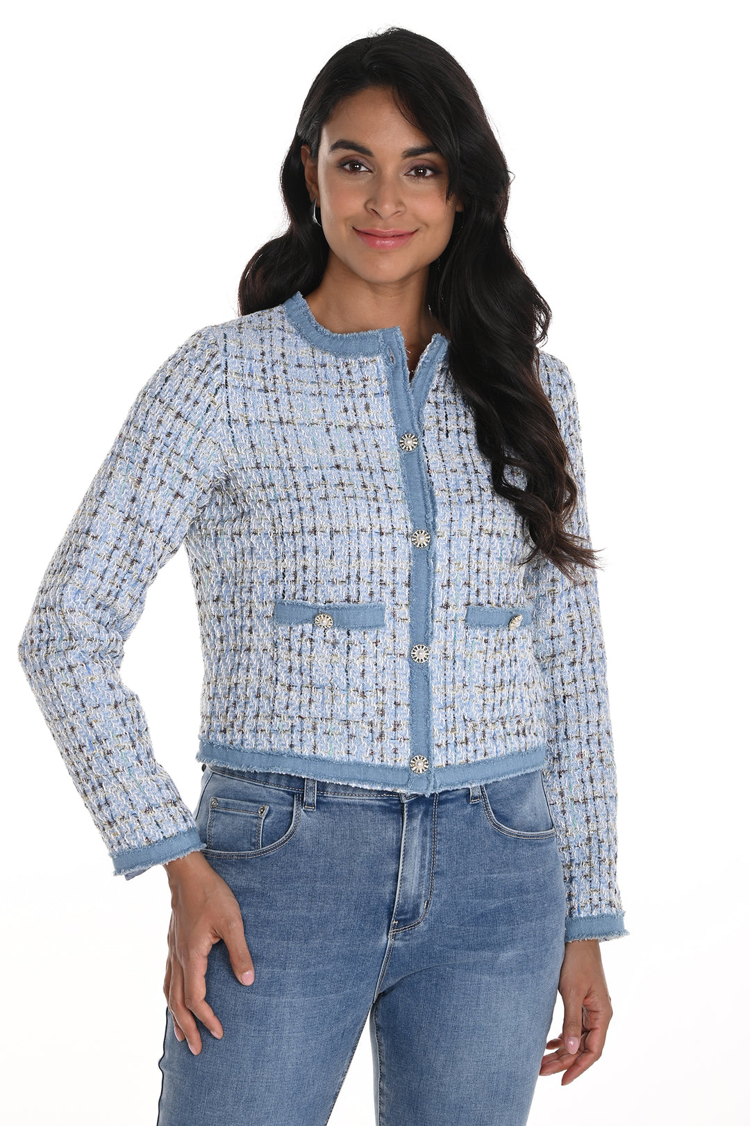 Frank Lyman Jacket Blue Boucle Denim Edged 256716U - Shirley Allum Boutique