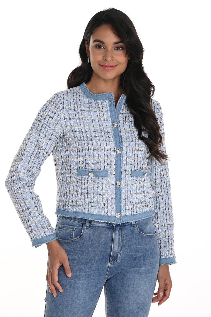 Frank Lyman Jacket Blue Boucle Denim Edged 256716U - Shirley Allum Boutique