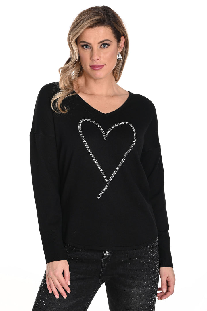 Frank Lyman Jumper Black V-Neck Diamante Heart 243491U