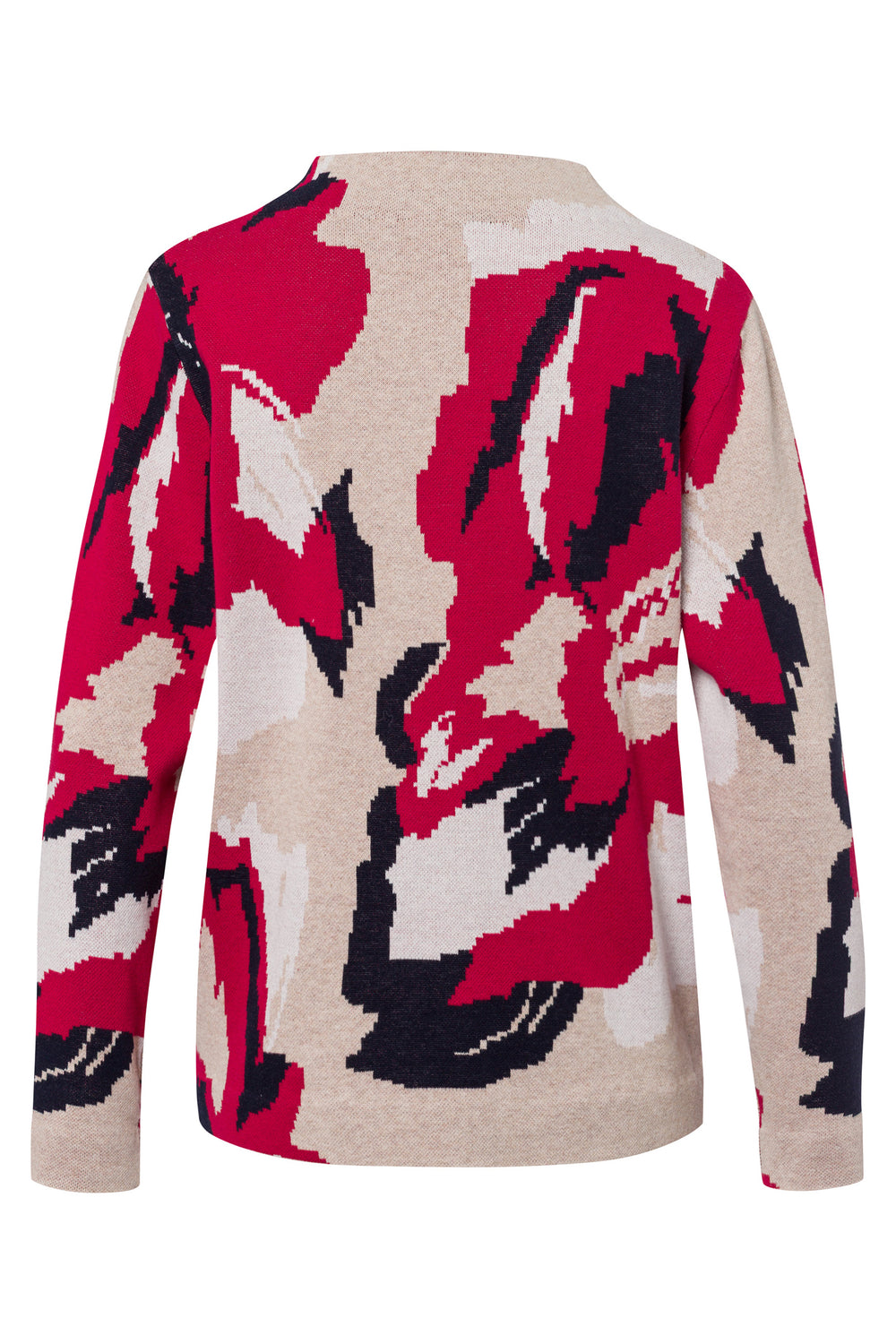 Sweater with red, black, and beige abstract pattern on a white background