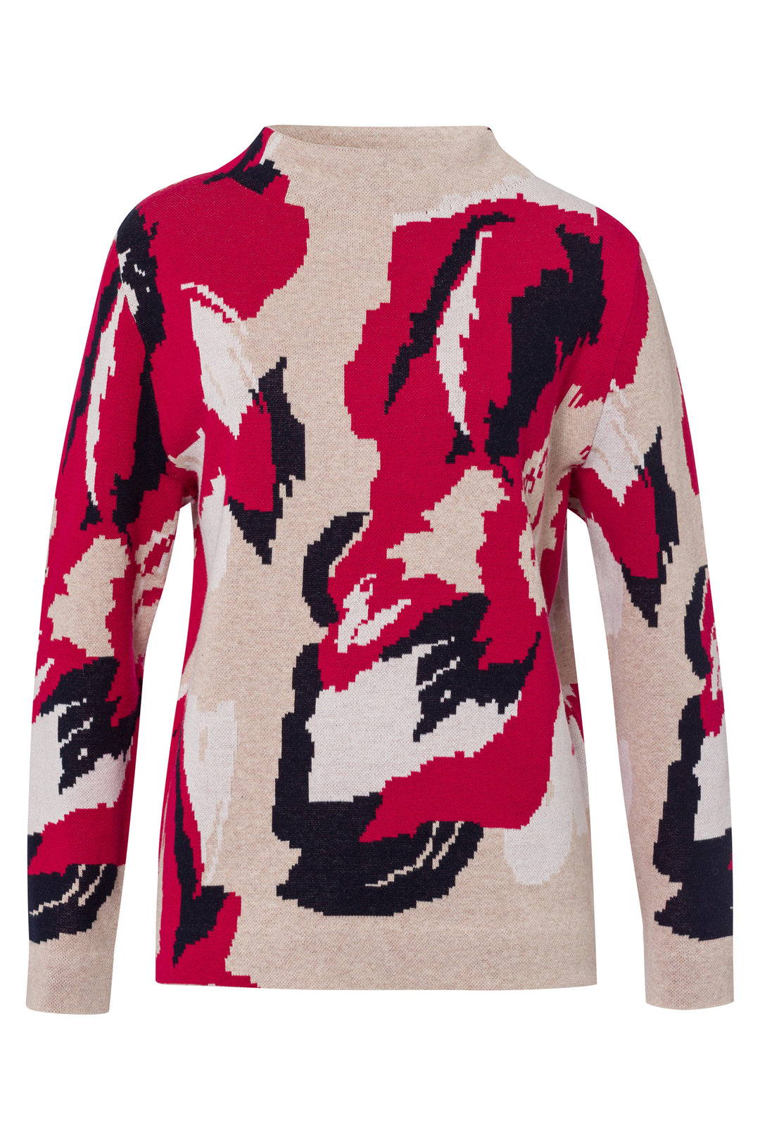Sweater with abstract red, black, and white pattern on beige background