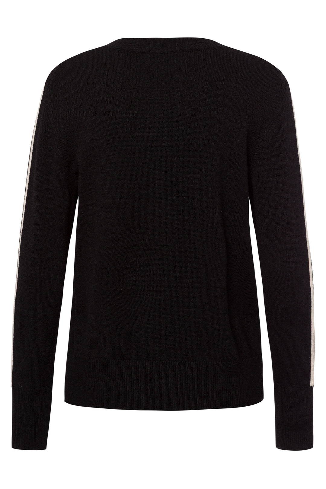Black sweater with white stripes on sleeves against a white background