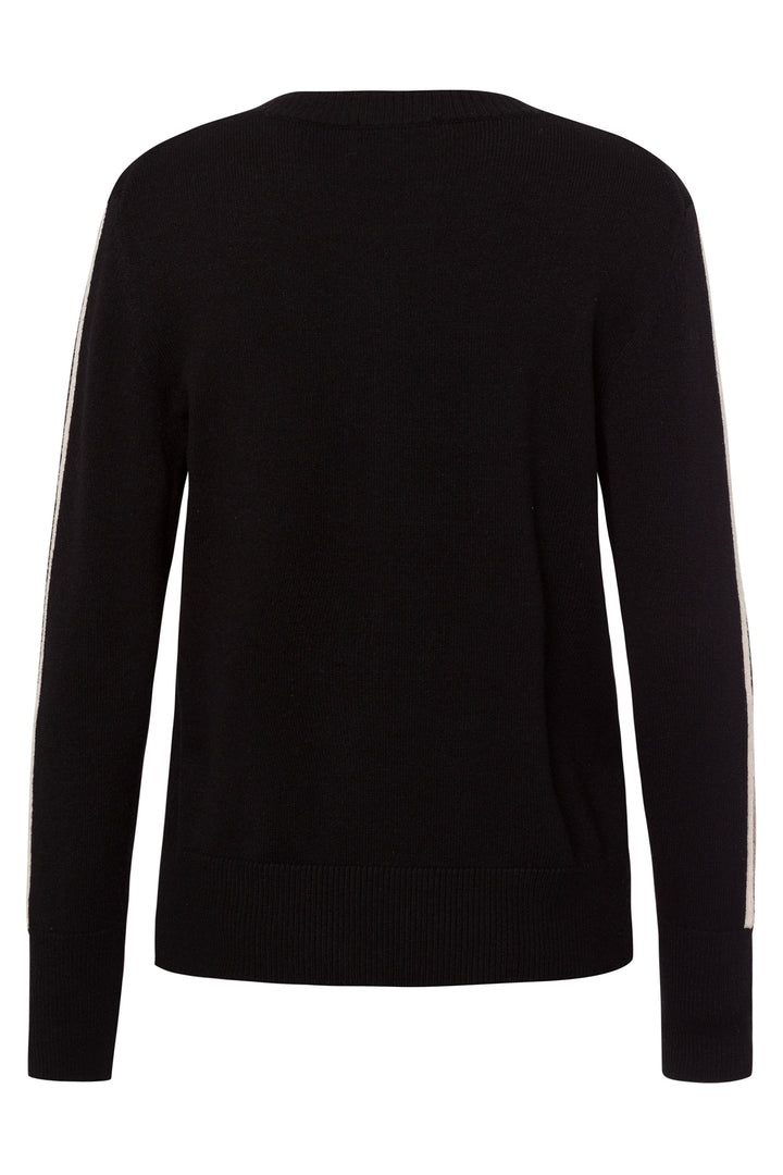 Black sweater with white stripes on sleeves against a white background