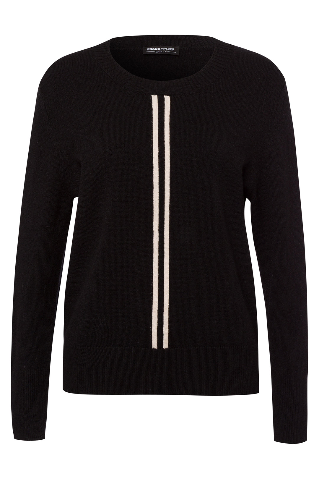 Black sweater with white vertical stripes on a white background