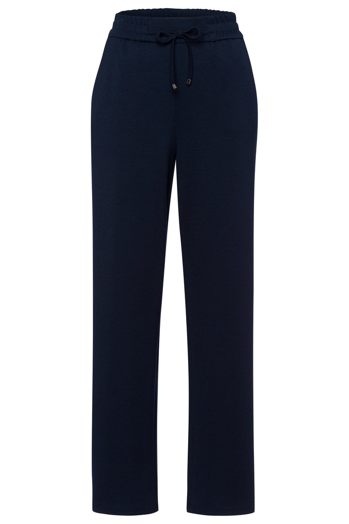Navy blue pants with a drawstring on a white background