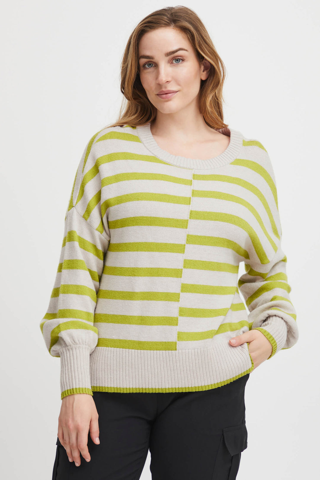 Fransa 20612456 Dark Citron Mix Striped Round Neck Jumper - Shirley Allum Boutique