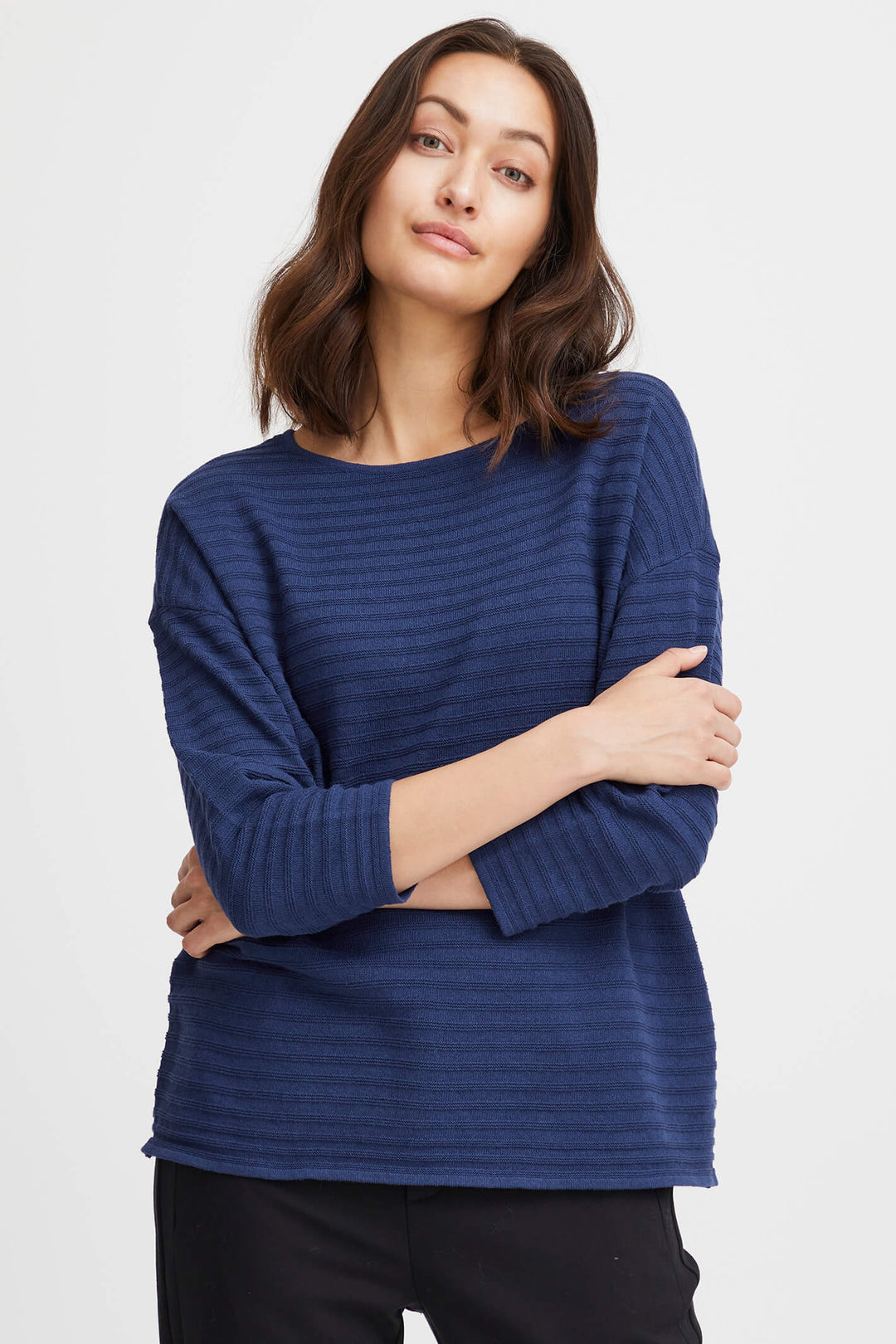 Fransa 20612939 FRSinne Bellwether Blue Boat Neck Ribbed Jumper - Shirley Allum Boutique