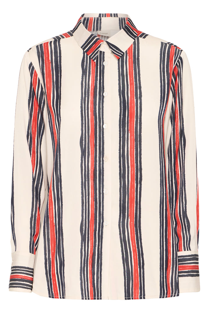 Striped shirt with red and navy vertical stripes on a white background