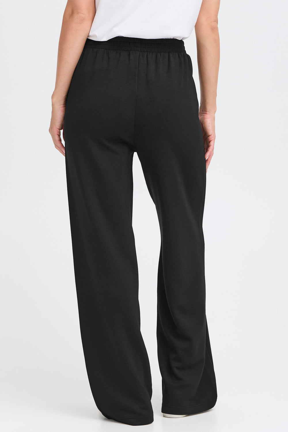 Black wide-leg pants worn by a person on a white background