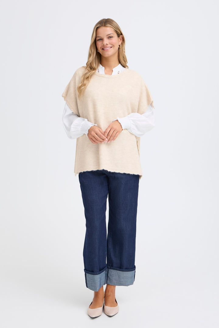 Fransa FRELISE Oatmeal Melange Knitted Poncho 20617676 1304011