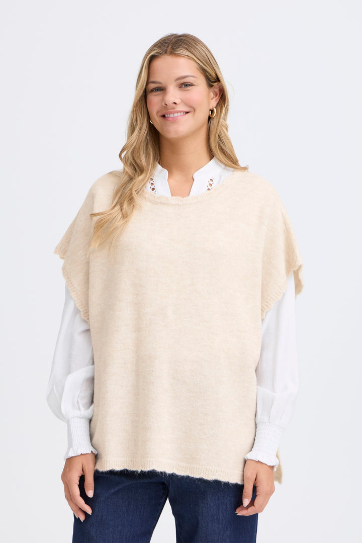 Fransa FRELISE Oatmeal Melange Knitted Poncho 20617676 1304011