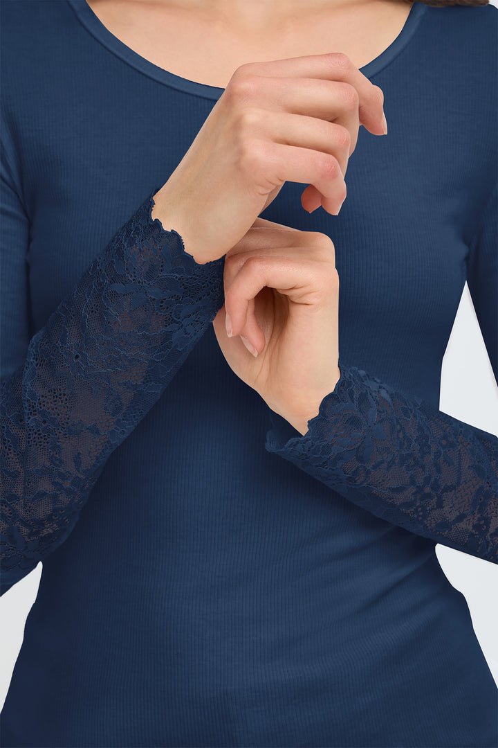 Fransa FRHIZAMOND Dark Peacoat floral-cuff top at Shirley Allum
