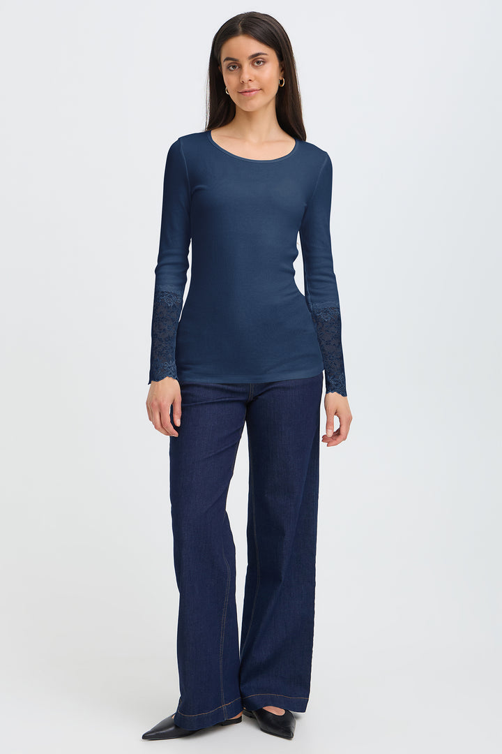 Fransa FRHIZAMOND Dark Peacoat floral-cuff top at Shirley Allum
