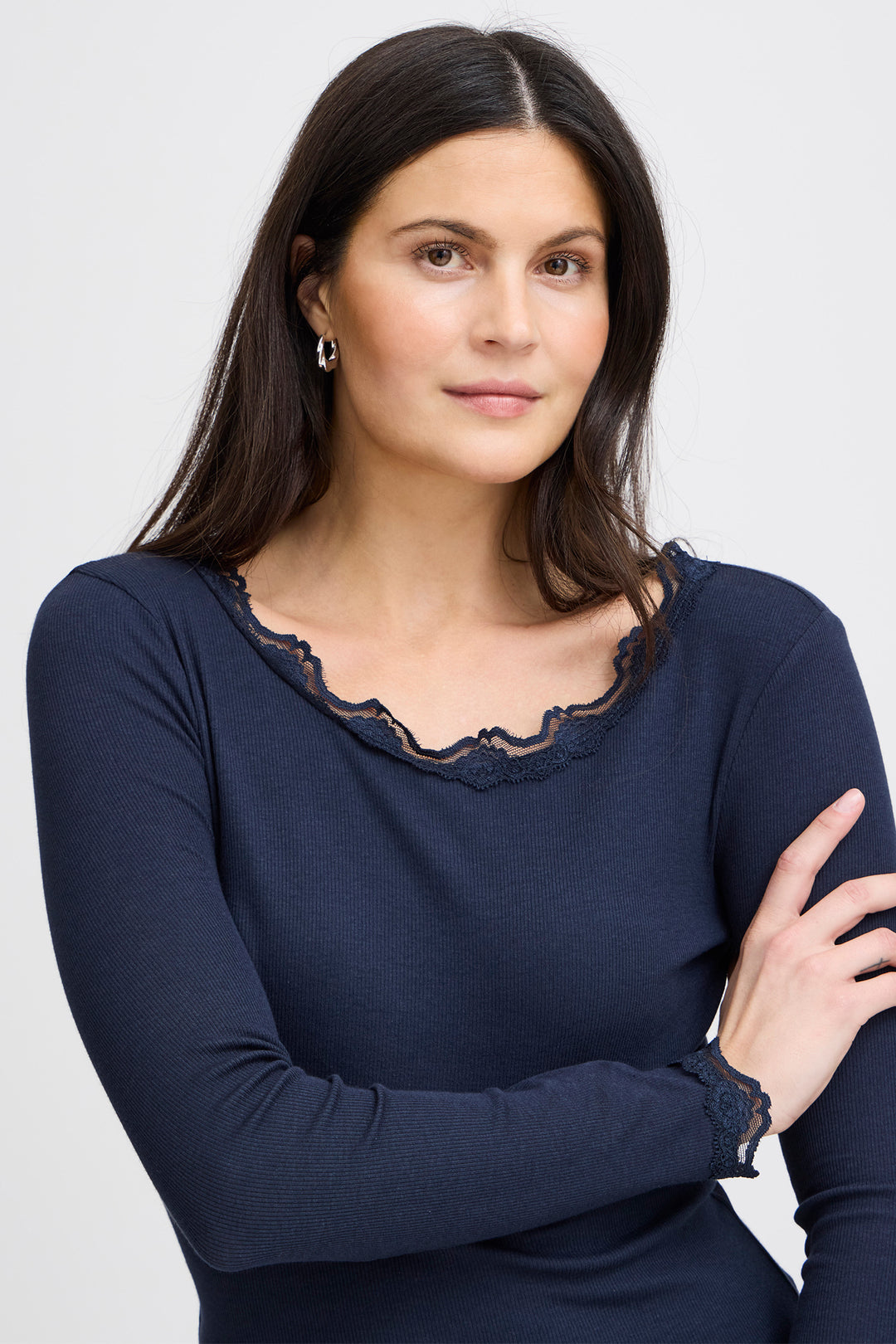 Fransa FRHIZAMOND Dark Peacoat lace-trim top at Shirley Allum