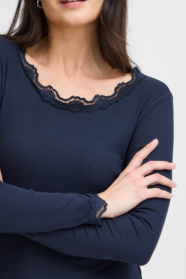 Fransa FRHIZAMOND Dark Peacoat lace-trim top at Shirley Allum