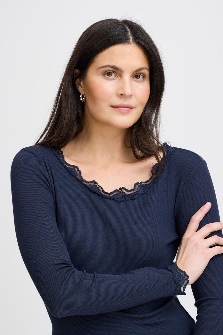 Fransa Frhizamond T-Shirt Long Sleeve Antique Dark Peacoat 20607461 60468 - Shirley Allum Boutique
