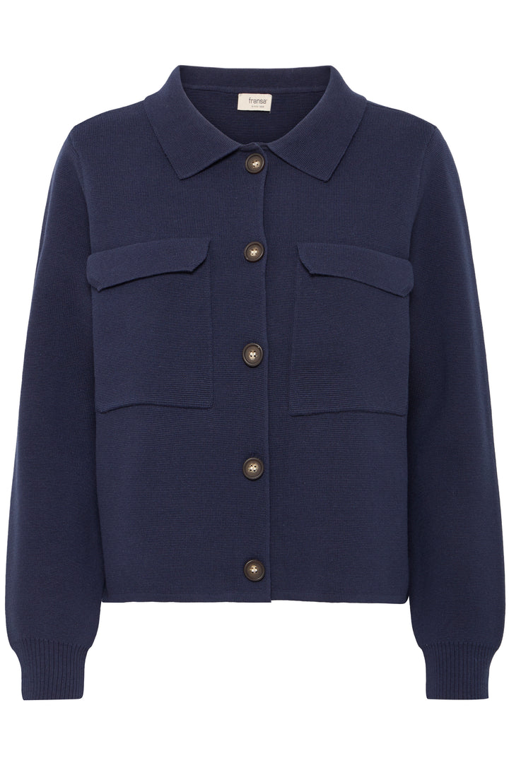 Navy blue jacket with button details on a white background