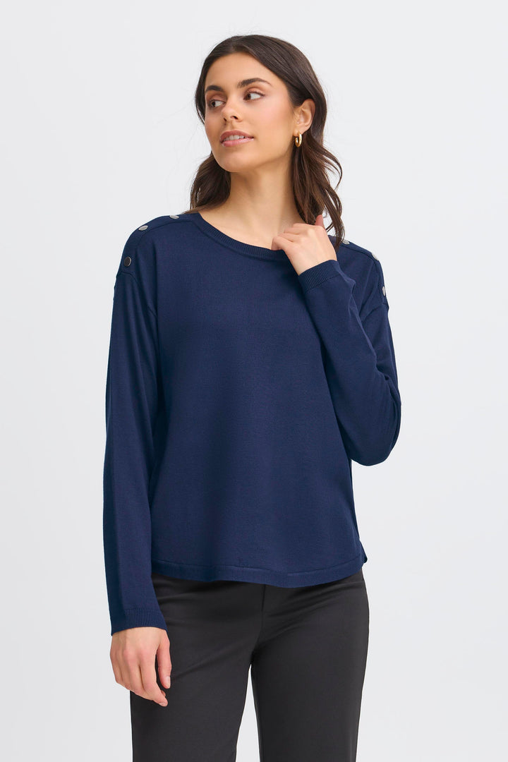 Fransa FRZubasic Navy Blazer Boat Neck Stud Shoulder Jumper 20614325 193923