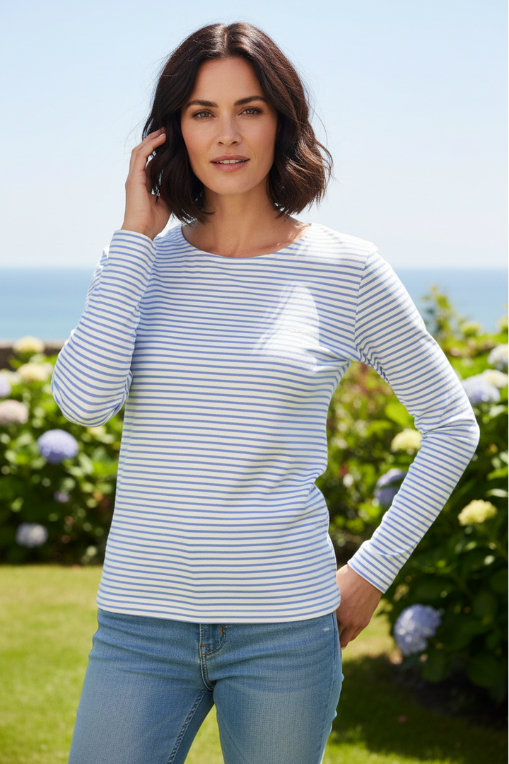 Fynch Hatton fine-stripe top in cornflower blue at Shirley Allum