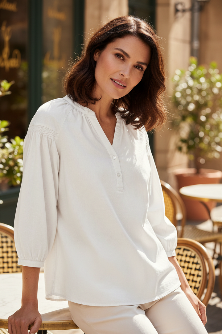 Fynch Hatton ruffle chambray blouse in milk white at Shirley Allum