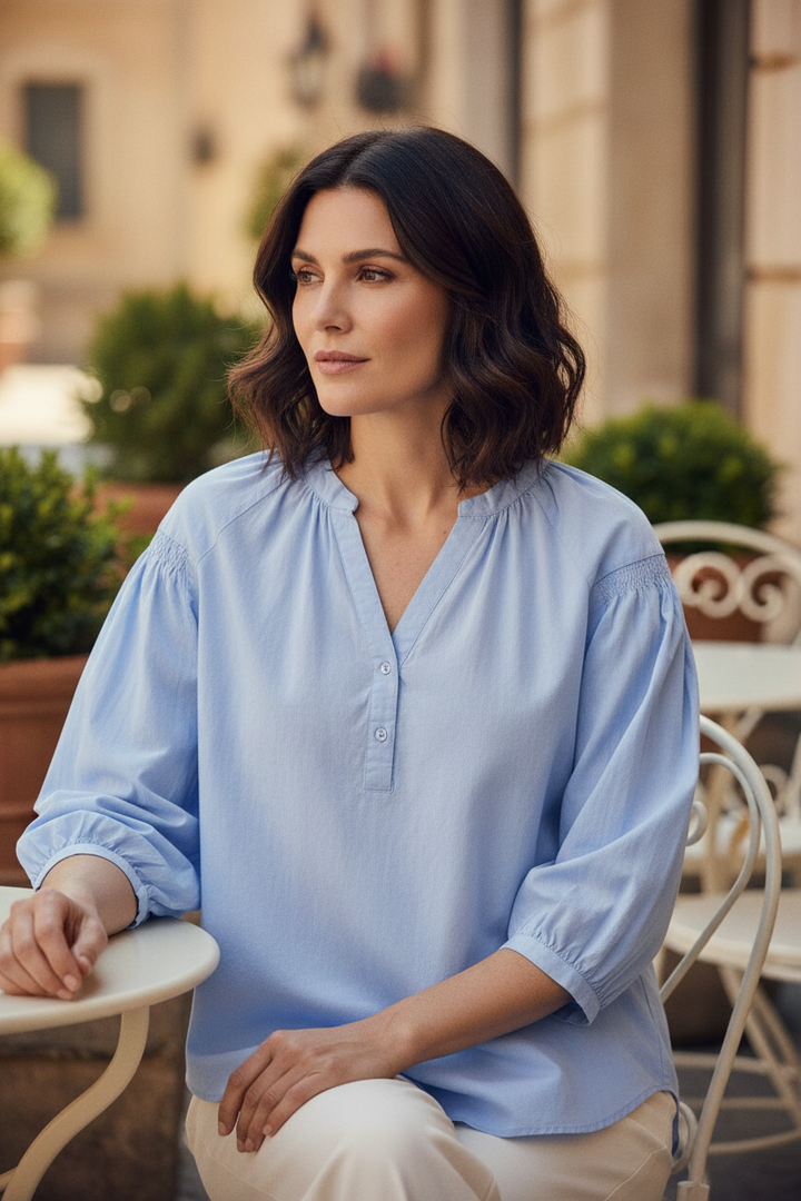 Fynch Hatton ruffle chambray blouse in cornflower blue at Shirley Allum