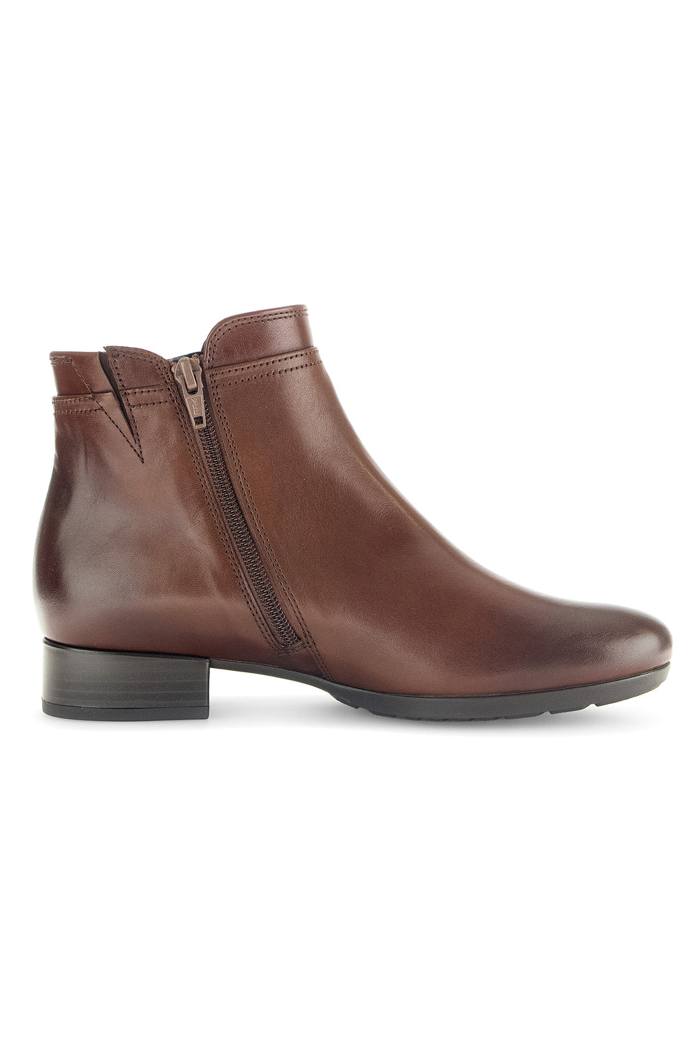 Brown leather ankle boot with a zipper on a white background