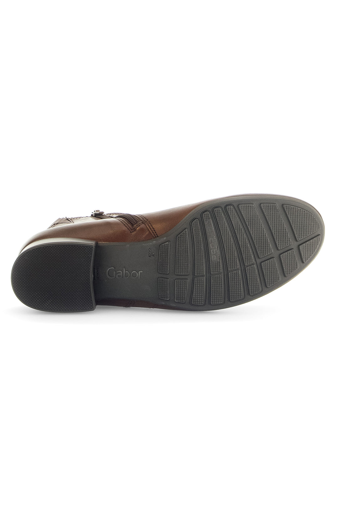 Brown leather shoe with black sole on a white background