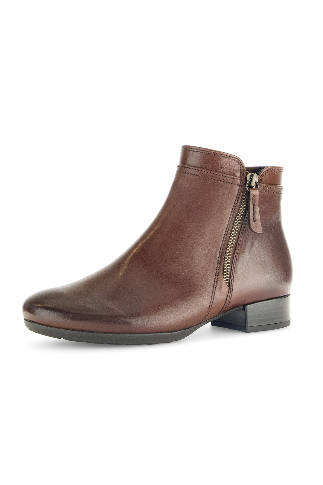 Brown ankle boot with a zipper on a white background