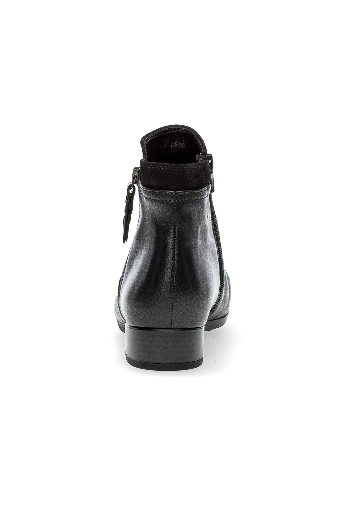 Black leather ankle boot with a zipper on a white background