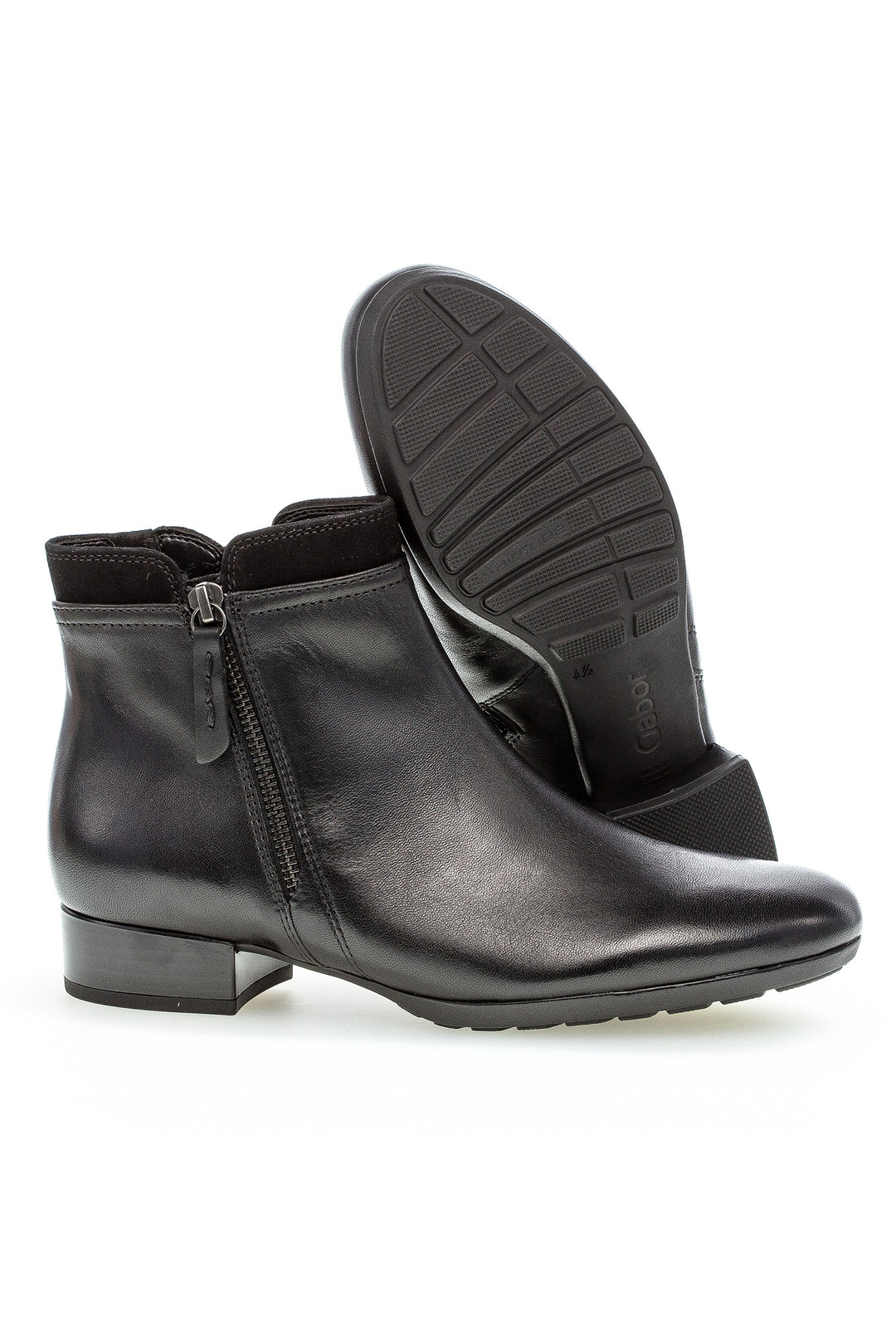 Black leather ankle boots with a zipper on a white background