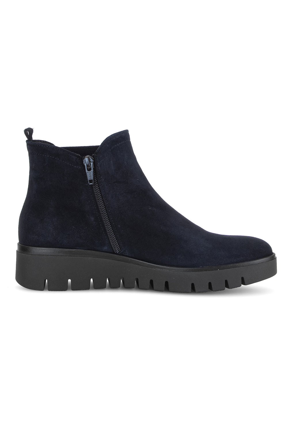 Navy blue ankle boot with a zipper on a white background