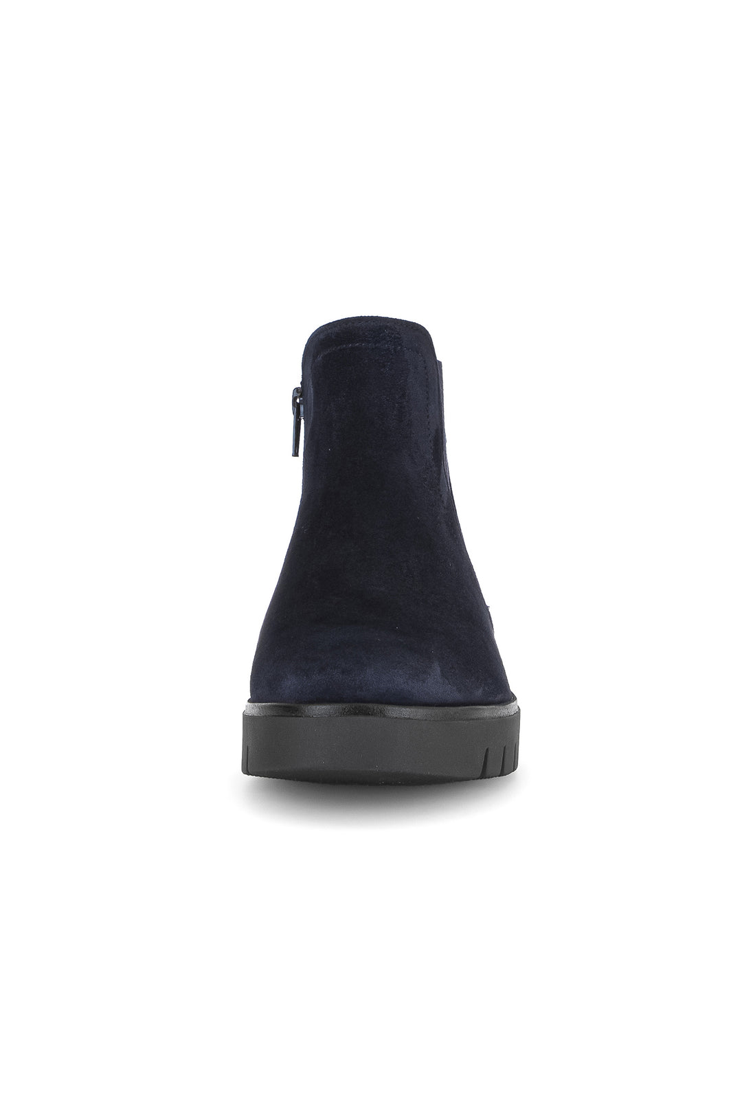 Navy blue suede ankle boot on a white background
