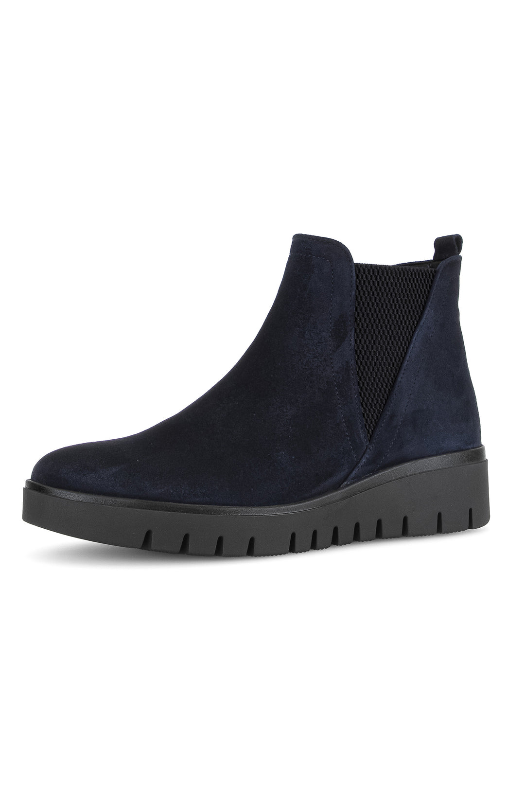 Navy blue ankle boot with black sole on a white background