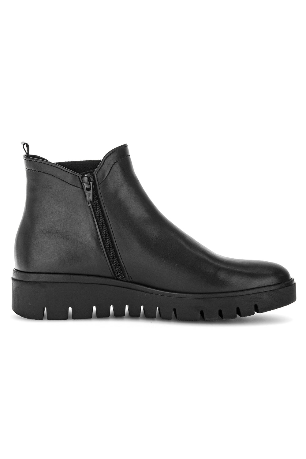 Black ankle boot with a zipper on a white background
