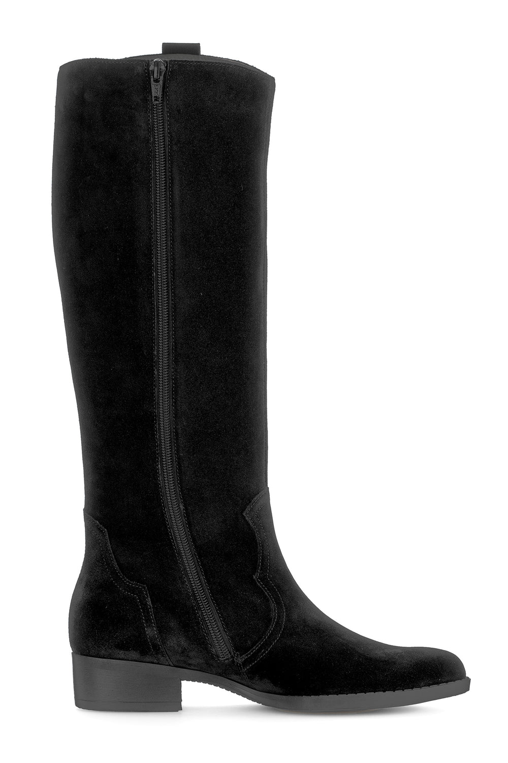 Black knee-high boot with a zipper on a white background