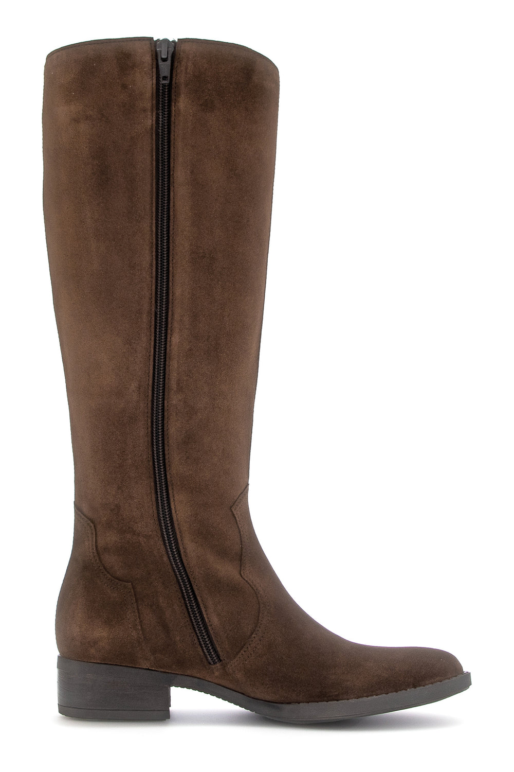 Brown knee-high boot with a zipper on a white background