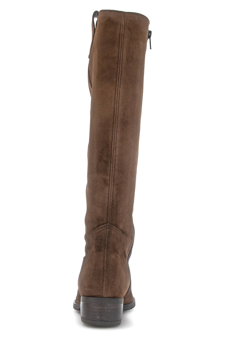 Brown knee-high boot on a white background