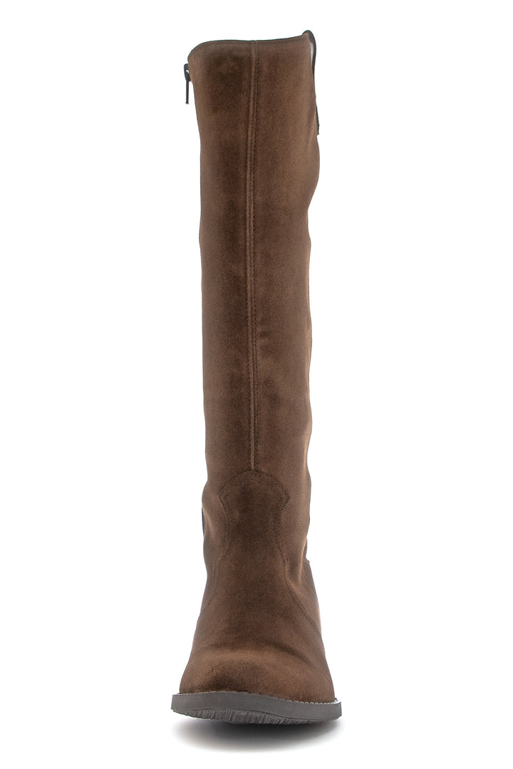 Brown knee-high boot on a white background