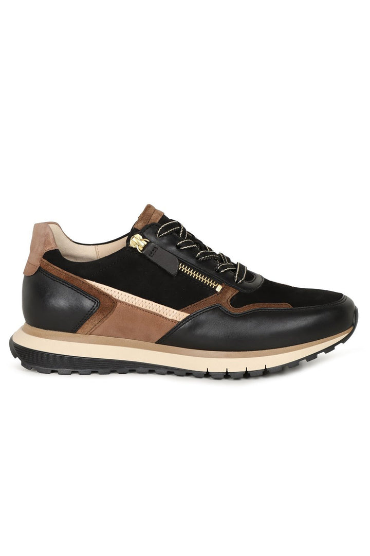 Gabor Hollywell 76.378.67 Black Gold Leather Wide Fit Trainer - Shirley Allum Boutique