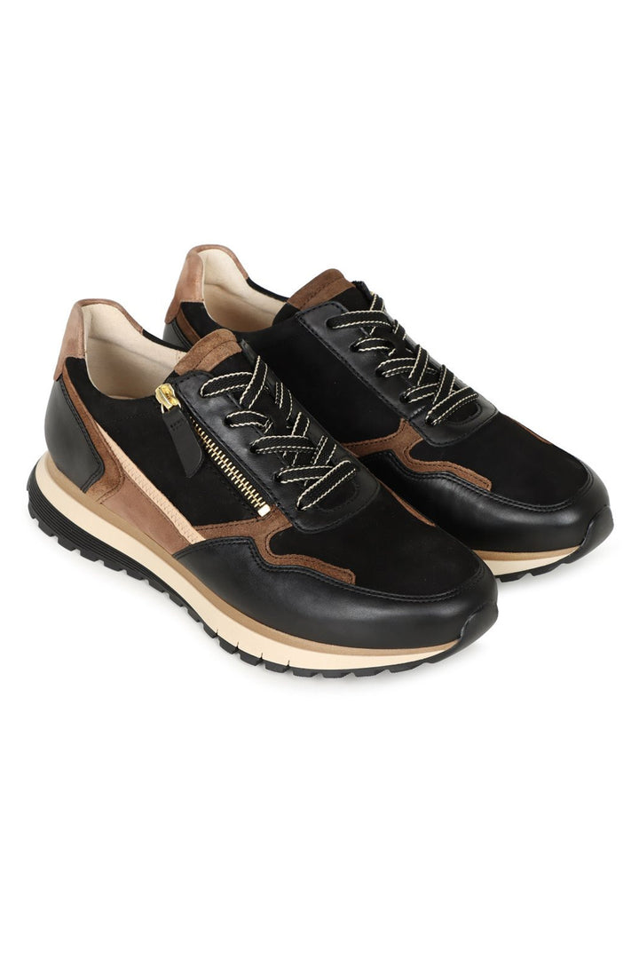 Gabor Hollywell 76.378.67 Black Gold Leather Wide Fit Trainer - Shirley Allum Boutique