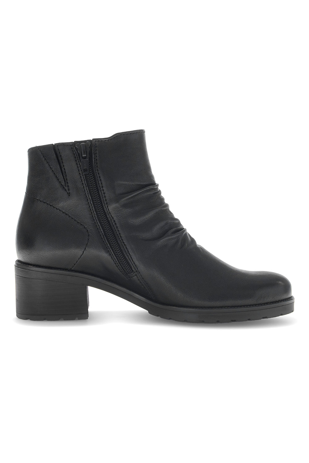 Black ankle boot with a block heel on a white background