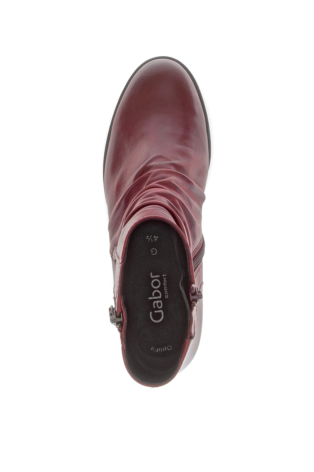 Maroon ankle boot with 'gabor' branding on a white background