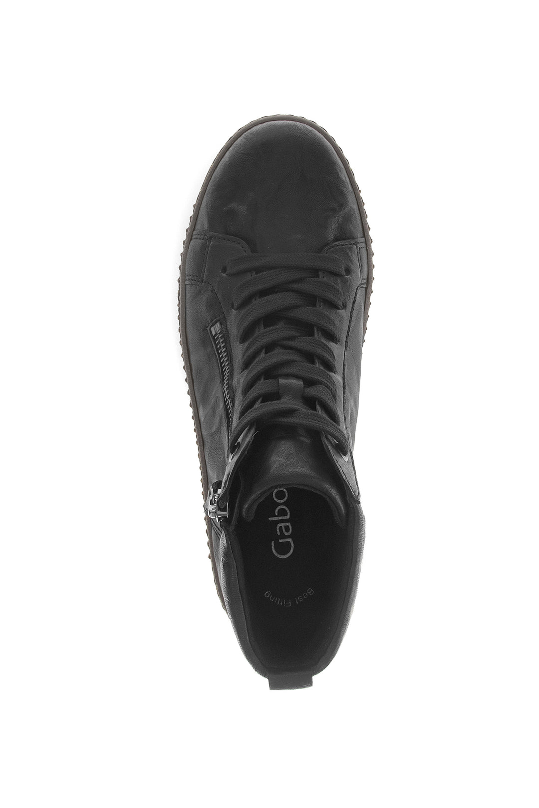 Black sneaker with a brand logo on a white background
