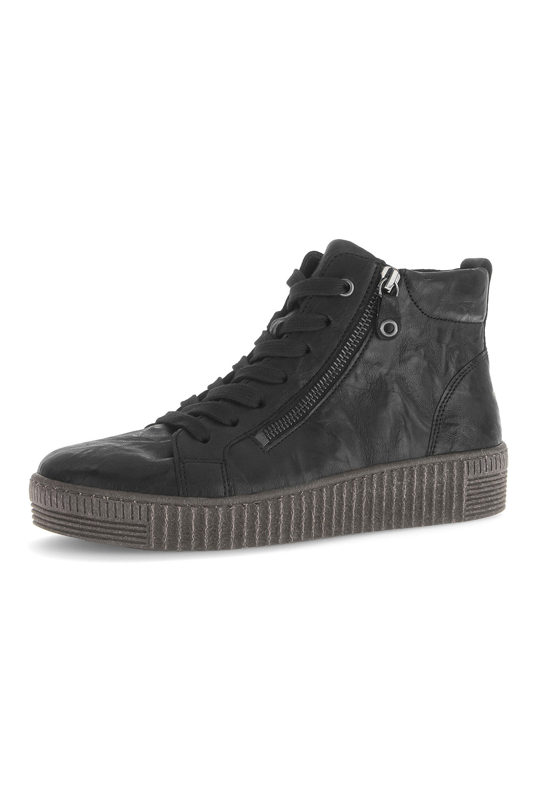 Black high-top sneaker with a platform sole on a white background