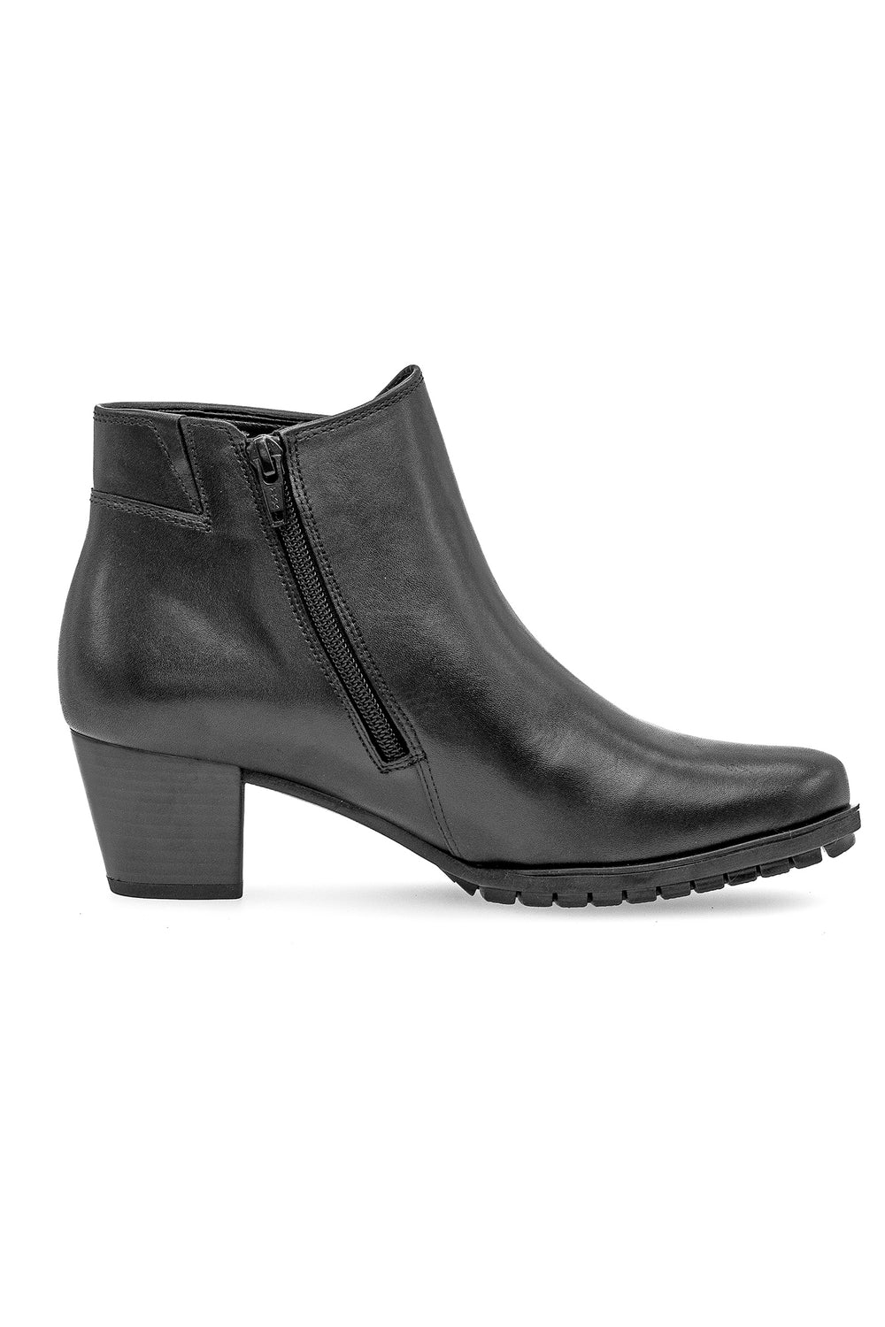Black leather ankle boot with a zipper on a white background