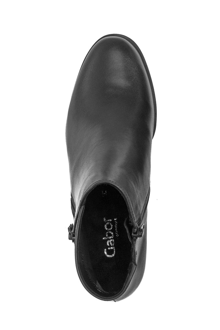 Black ankle boot with 'Gabor' branding on a white background