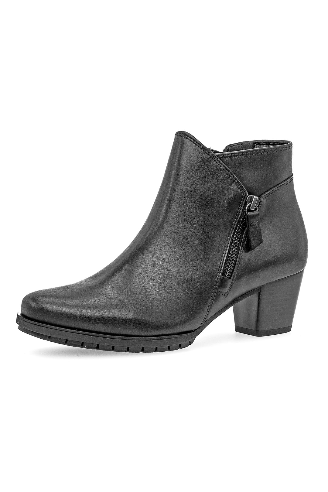 Black ankle boot with a zipper on a white background