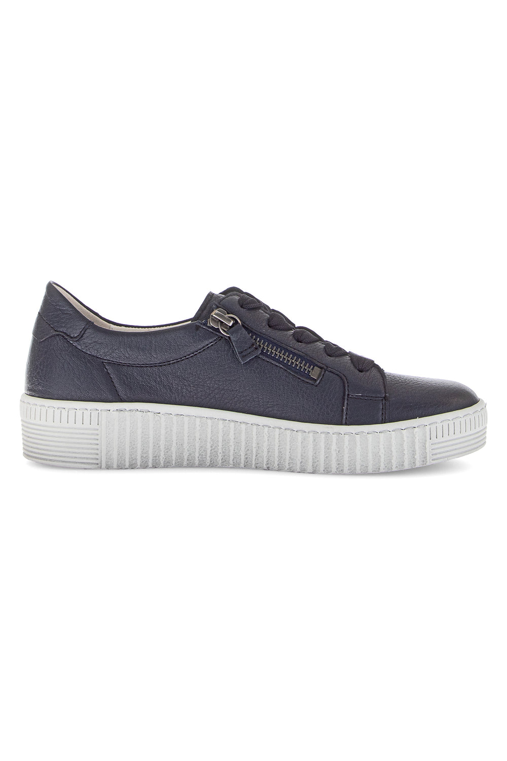 Navy blue sneaker with white sole on a white background